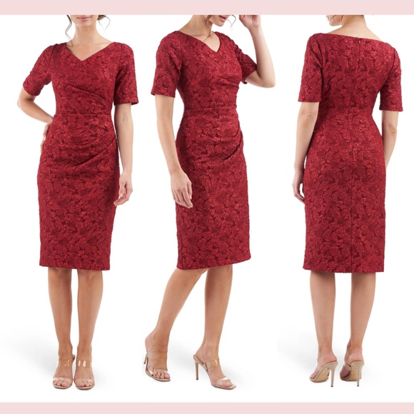 NEW $218 JS‎ Collections [ 12 ] Gianna Jacquard Floral Sheath Dress Wine Red